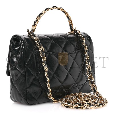 CHANEL SHINY LAMBSKIN QUILTED GOLDEN LINKS TOP HANDLE FLAP BLACK AS1160 (20*13*5cm)